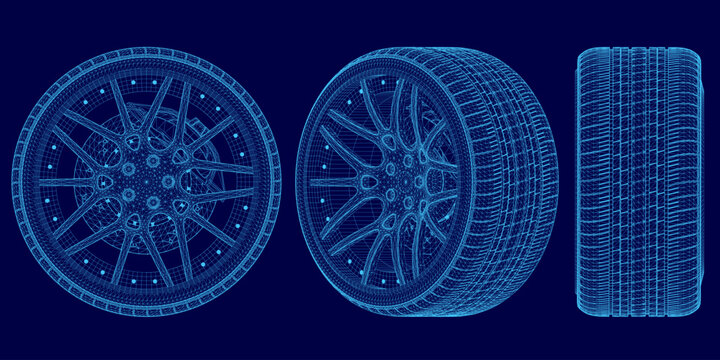A 3D wireframe model of a car wheel displays intricate structural details on a solid blue background. The blueprint-style rendering highlights the wheel's design with precision.