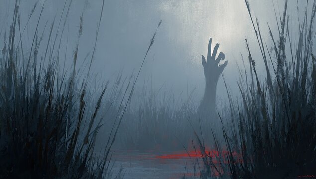 Swamp horror Reaching hand, foggy night, bloody water, mystery thriller art