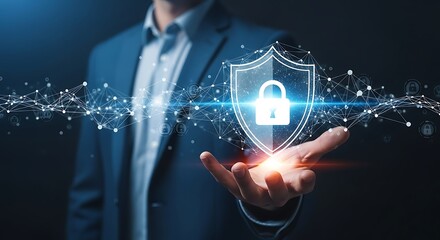Fototapeta premium Cyber Security Concept with Shield and Padlock Protection Held by Businessman Ensuring Online Safety and Data Privacy