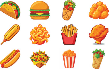 A colorful array of delicious cartoon fast food items perfect for menu designs