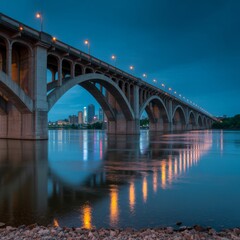 Arched concrete bridge over water at dusk arches river