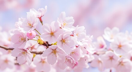 Fototapeta premium Delicate Cherry Blossom Branch Displaying Stunning Pink and White Flowers Against a Soft Sky Background Perfect for Springtime Designs
