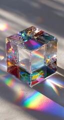 Crystal cube refracting light, indoor studio, rainbow, decor