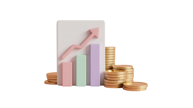 Visualize financial growth with this compelling chart and coin stack, perfect for illustrating investment success, business performance, and economic prosperity in presentations