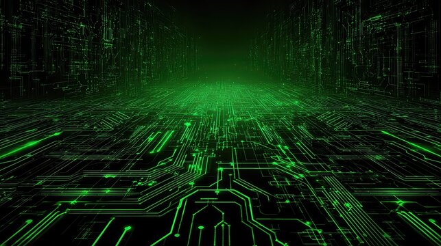 Immerse yourself in a dynamic digital cyberspace with glowing green circuitry and futuristic data streams, perfect for technology and AI concepts - Powered by Adobe