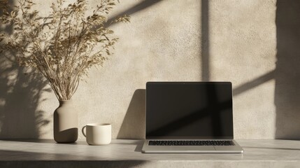 Minimalist workspace featuring a laptop with a blank screen, a beige mug, and a vase of dried flowers against a textured wall with sunlight streaming through a window