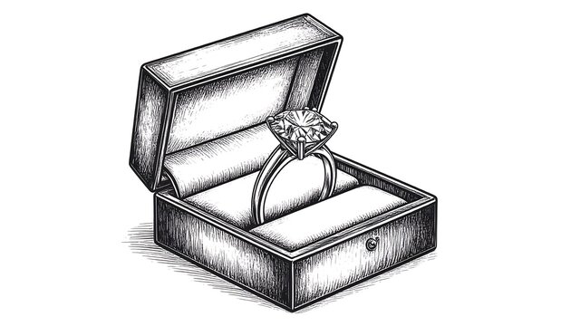 A hand-drawn sketch of a diamond ring nestled inside an open square box