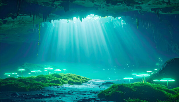Underwater Cave Entrance with Glowing Fungi and Sun Rays - Powered by Adobe