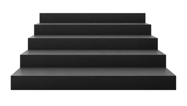 Minimalist composition featuring a concrete staircase against a stark black background