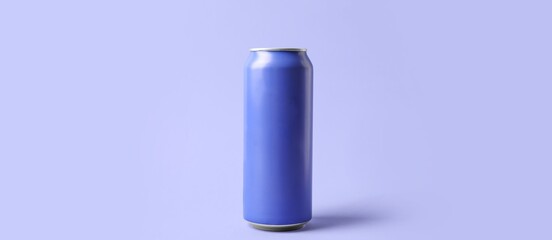 Can of soda on lilac background. Mockup for design