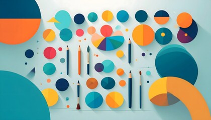 Obraz premium Creative flat lay of colorful data visualization tools including pie charts and pencils for business analytics and graphic design projects