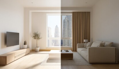 Modern apartment daytime/nighttime comparison, city view