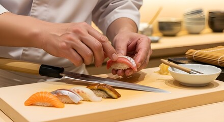 Chef Preparing Sushi Nigiri on Wooden Board | Close-Up of Professional Sushi Chef Hands Making Traditional Japanese Cuisine for Restaurant Menu and Food Blog