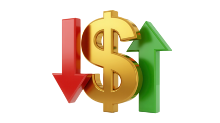 Visualize investment decisions with a golden dollar symbol and contrasting up and down arrows, perfect for illustrating market trends and financial fluctuations