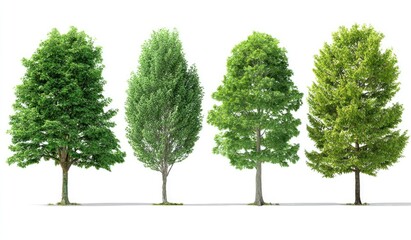 Obraz premium Four vibrant green trees against a plain white background. Each tree has a distinct shape and density of foliage. The trees stand in a horizontal row