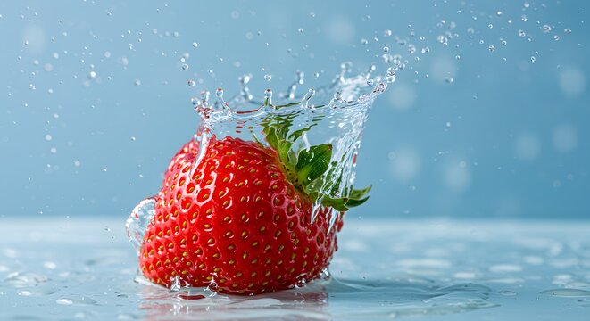 A vibrant strawberry creating a splash of water against a soft blue background with bokeh effects