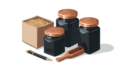 Three black glass jars with wooden lids, a box of grains, and a wooden scoop, displayed on a white background