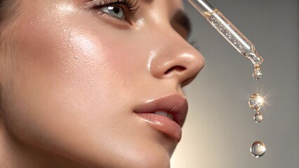 Serum droplet suspended from vial at nostril tip beauty macro