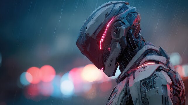 Intelligent robot contemplates future amidst rainy neon city lights, symbolizing advanced AI and futuristic urban exploration