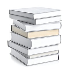 A neat stack of hardcover books, mostly white with one beige book, sits on a white background