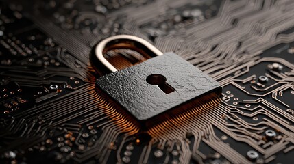 Secure your digital world with this powerful symbol of cybersecurity, a locked padlock resting on a complex circuit board, representing data protection and technological safety.