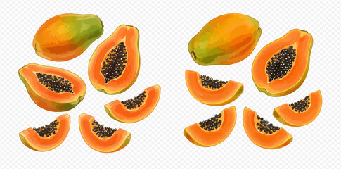 Two sets of fresh ripe papaya, shown whole, halved, and sliced with orange flesh and black seeds.