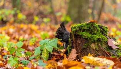 Autumnal Squirrel Feast: A Black Squirrel Foraging Among Fall Leaves in the Forest