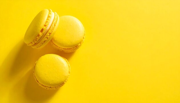 Three yellow macarons on yellow background