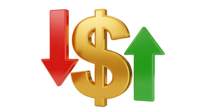 Visualize financial market trends with this golden dollar sign, showing both rising and falling markets with a red down arrow and a green up arrow