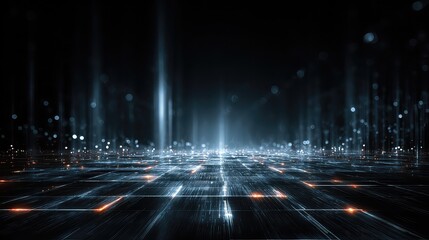 Dynamic futuristic digital grid with glowing data streams and bokeh lights, representing advanced technology and global connectivity in a modern abstract landscape