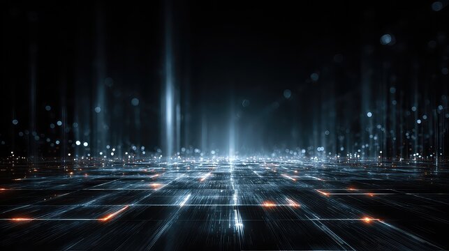 Dynamic futuristic digital grid with glowing data streams and bokeh lights, representing advanced technology and global connectivity in a modern abstract landscape