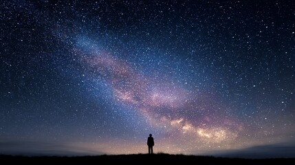 Silhouette of person gazing at a spectacular night sky filled with stars and the milky way.