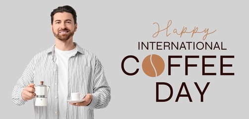 Banner for International Coffee Day with happy man