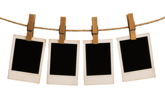 Four Vintage Instant Photographs Hung with Wooden Clothespins on a Rope, Evoking Nostalgia and Memory - Powered by Adobe