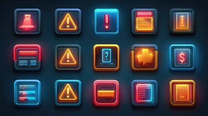 Modern neon icons showcase essential alerts, data, and financial symbols, perfect for dynamic digital interfaces and app design projects