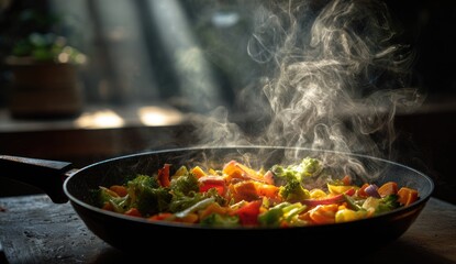 Steaming vegetable stir-fry in kitchen, sunlight