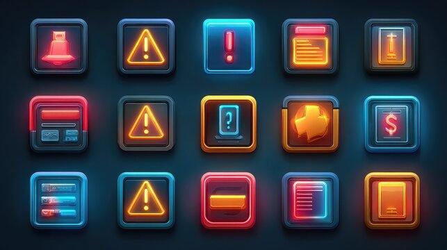 Modern neon icons showcase essential alerts, data, and financial symbols, perfect for dynamic digital interfaces and app design projects