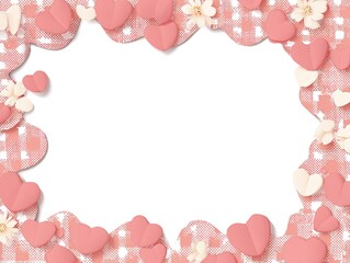 Soft pink heart and flower frame on white background