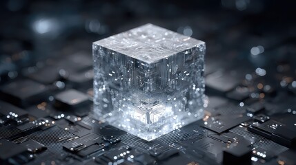 Stunning transparent cube with intricate circuit board patterns illuminates a futuristic digital landscape, symbolizing innovation and advanced technology