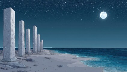 Nighttime coastal pillars, moonlit ocean, sandy beach, fantasy artwork, game design