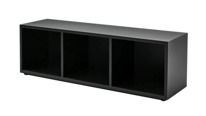 Modern minimalist black storage unit with three compartments on black background