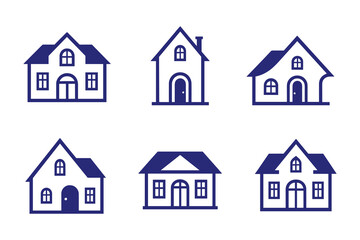 Fototapeta premium Houses Vector Icons, Blue Buildings with Doors and Windows, Home Flat Illustrations, Vector Illustration