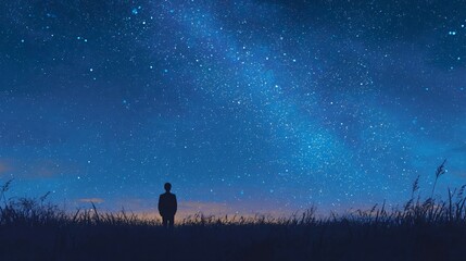 A person stands amidst a field of tall grass under a night sky full of stars.