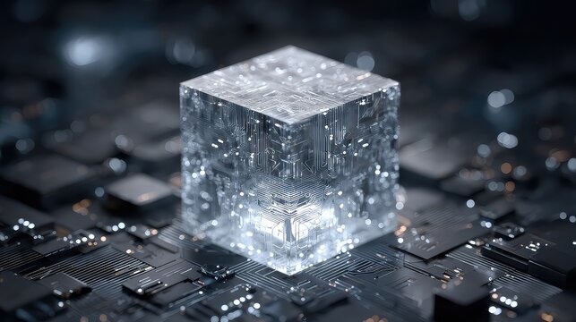 Stunning transparent cube with intricate circuit board patterns illuminates a futuristic digital landscape, symbolizing innovation and advanced technology