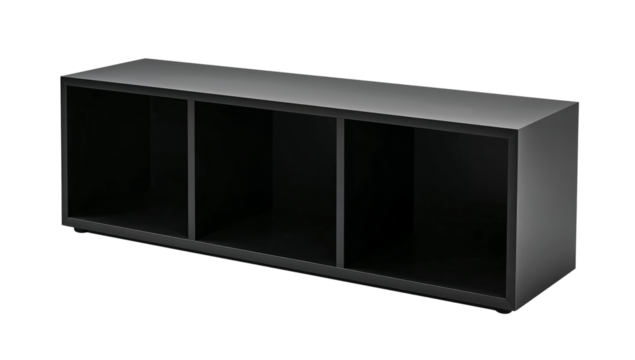 Modern minimalist black storage unit with three compartments on black background