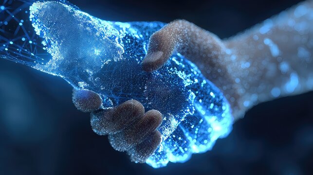 Experience the future of global connection with a stunning digital handshake, symbolizing trust and innovation in a connected world.