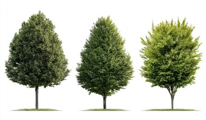Obraz premium Three isolated trees, different shades of green, against a white background