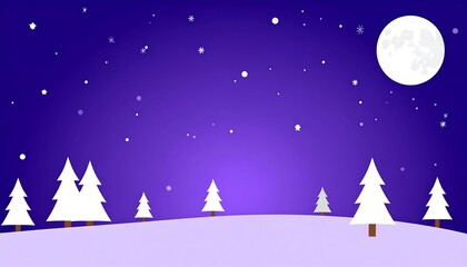 Winter night landscape with snow-covered trees and a full moon.