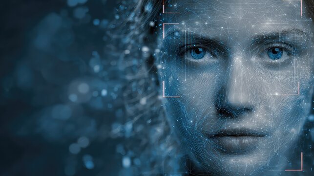 Discover the future of identity with advanced biometric facial recognition technology scanning a person's face in a stunning digital network - Powered by Adobe