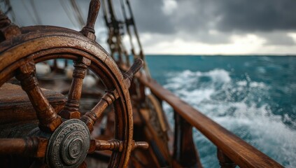 Wooden ship's wheel, turbulent sea (1)